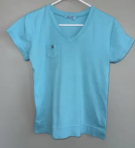 Fresh Produce Sz S Luna Blue Fem Logo V-Neck Cotton Baby Rib Top Short Sleeve
