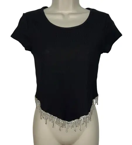Blue B Ribbed Scoop Neck Rhinestone Fringe Cropped Top Women XS Short Sleeve New Black