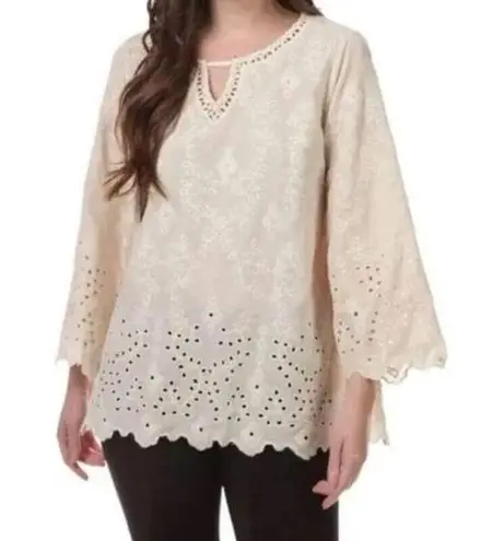 John Mark Velvet Eyelet Embroidered Flare 3/4 Sleeve Tunic Top Ivory White XL