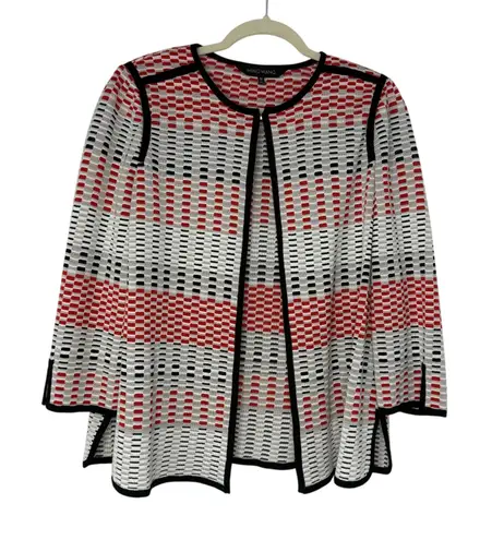 Ming Wang Open Front Knit Jacket Women Size M Red White Black Geometric Pattern