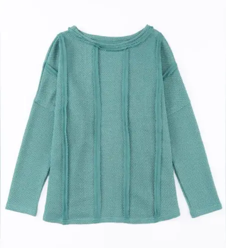 NEW Green Waffle Knit Exposed Seam Loose Fit Long Sleeve Top Size Medium
