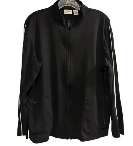 Spa by Chico's Women's Black Jacket Size 2 with White Piping Casual Size L