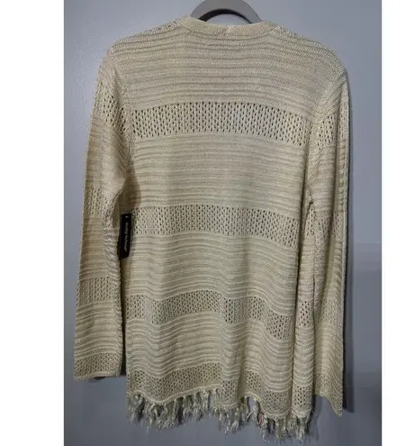 Kathy Ireland Cardigan Beige Open Knit Fringe Hem Metallic Gold Threads Med. NEW