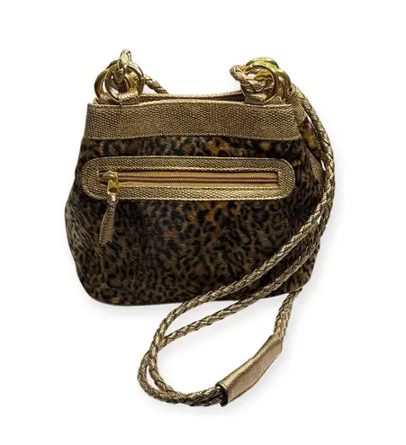 Tiannl ✽ Faux Fur Crossbody Handbag ✽ Animal Print ✽ Vegan Gold Metal Snakeskin Brown