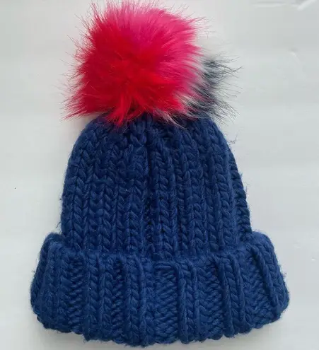 Boden Blue,Pink,White and Red Pom Pom Knit Ribbed Beanie Size XS Stretch Blue