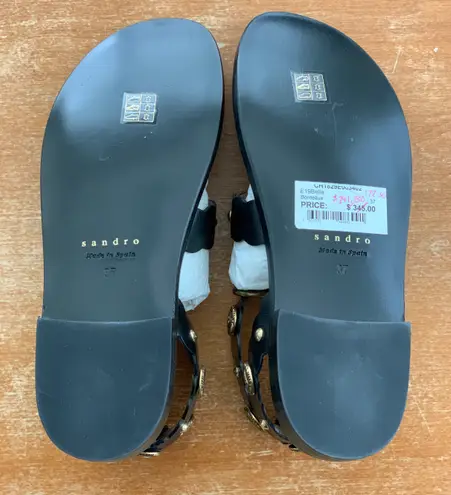 Sandro New in Box NOIR Susie Leather Studded Scalloped Straps Flat Sandals Size 37