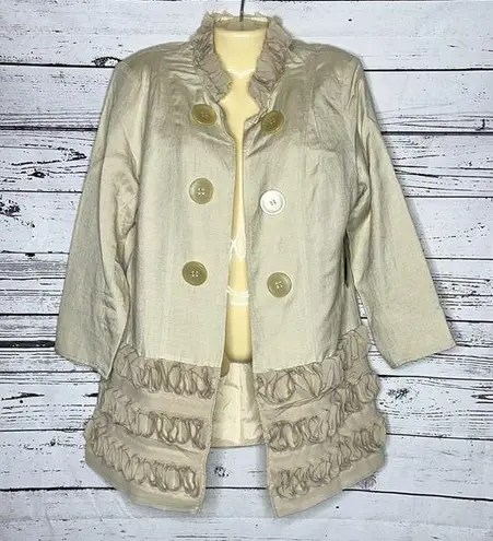 Multiples NWT Size L Tan Linen Blend Ribbon Chiffon Trim Open Front Coat Jacket