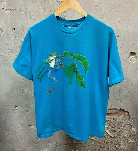 Vintage 1991 Teal Blue Wraparound Graphic Nature Frog Art tee Large L Single