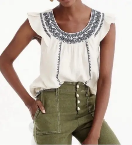 J. Crew Point Sur Linen Embroidered Tank Flutter Sleeves Boho Coastal Cowgirl XS Blue
