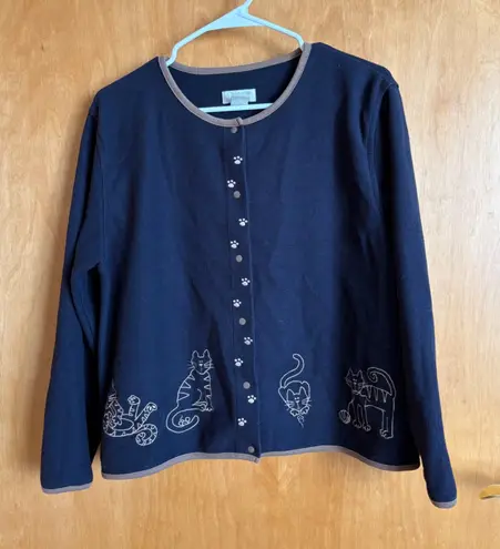 Christopher & Banks Navy Blue Cat Embellished Cardigan Sweater Women Size L
