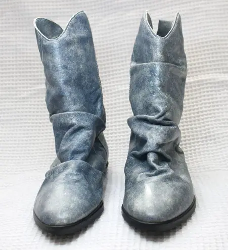 Vintage 90's Slate Blue Distressed Authentic Leather Boho Cowboy Boots Shoes 6