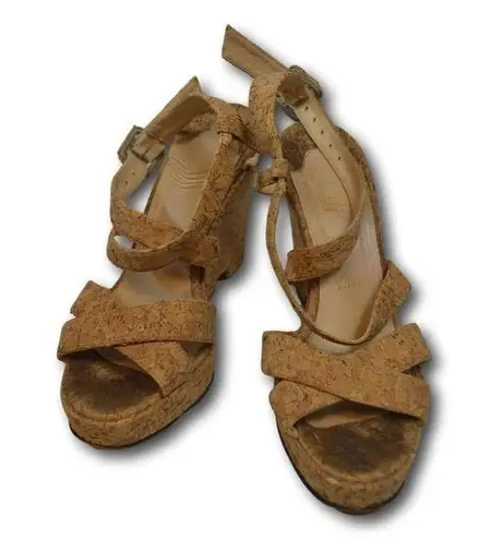 Christian Loboutin Cork Ankle Strap Wedge Block Heel Sandals Shoes Size: 38 / 8 Tan Size undefined