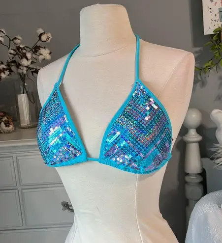 Bongo Blue Sequin Sparkly Bikini Swimsuit Top  Large Tie back