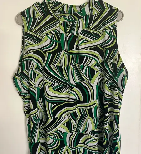 Blouse Green Graphic Sleeveless Blouse with Mandarin Collar Lg