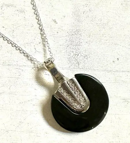 Black silver tone rhinestone pendant necklace