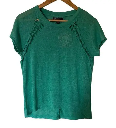 J. J. Basics teal distressed short sleeve blouse size medium 100% polyester Green