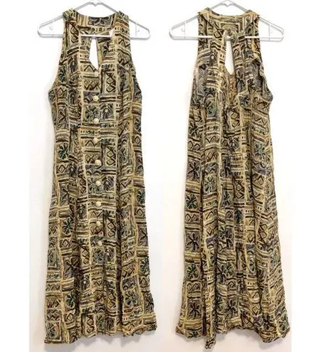 VINTAGE VTG ? JONI BLAIR Yellow Aztec Geo Geometric Tile Print Summer Midi Dress Size M