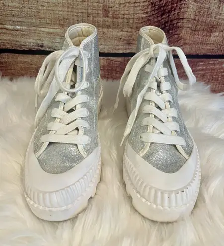 Dolce Vita Ociana High Top Sneakers Shoes Silver Shimmer Glitter White 7.5 EUC