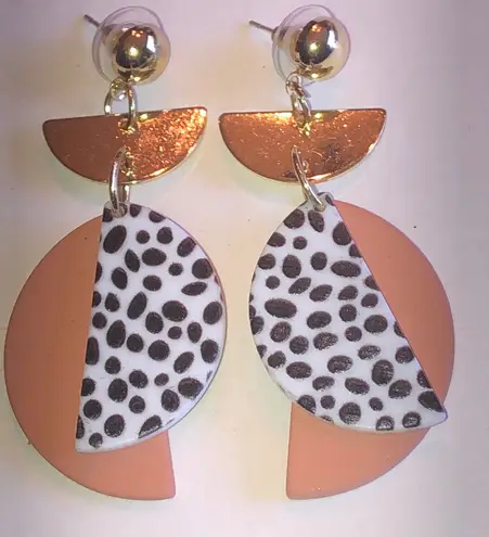 Geometric Gold Tone and Peach Polka Dot Clay Boho Earrings