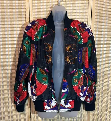 Linda Collection Late 80s Early 90s Black Scarf Print Windbreaker Jacket Large