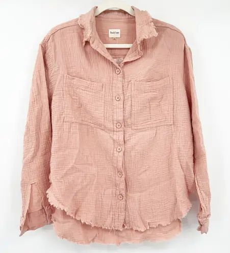 Peach Love California NWOT Peach Love Womens Boho Gauzy Cotton Raw Hem Long Sleeve Button Up Shirt S