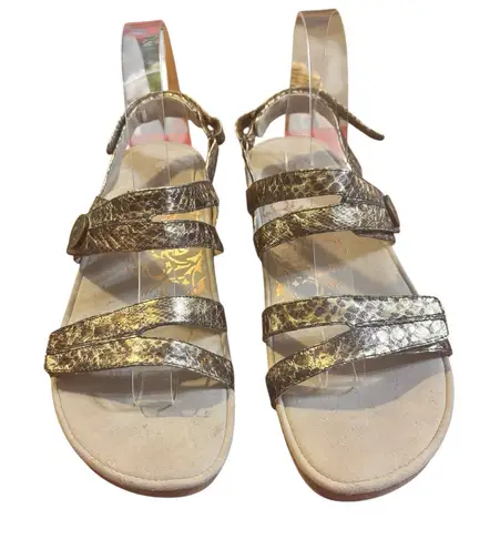 Aetrex Womens Sandals Size 10.5 US Metallic Gold‎ Snake Print Hook Loop Leather Gold - Image 1