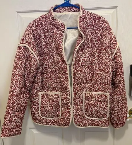 Woven Ditsy Floral Oversized Puffer Jacket boho garden party whimsical Pink