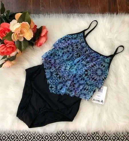 Athena Blue Mesh Ruffle Maillot One Piece NWT Black Size 6