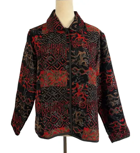 Coldwater Creek Patchwork Jacquard Blazer Jacket Red Black PetiteLarge Tailored