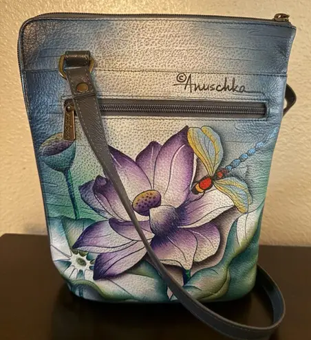 Anuschka Tranquil Pond Hand Painted Leather Cross Body Bag | Purse | Organizer Blue