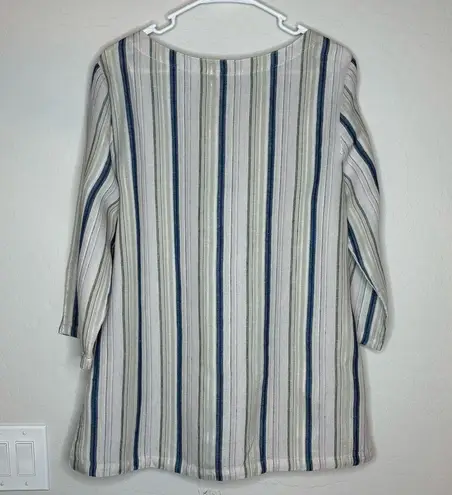 Tommy Bahama  Women's 3/4 Sleeve Striped Linen Tunic Top L Lace Up V Neck Boho