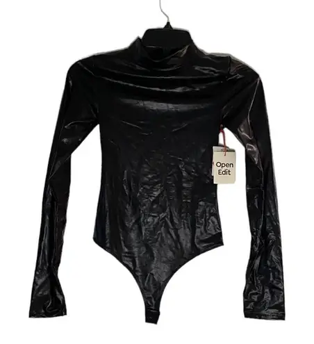 Open Edit NWT black faux leather mock turtleneck bodysuit size XXS