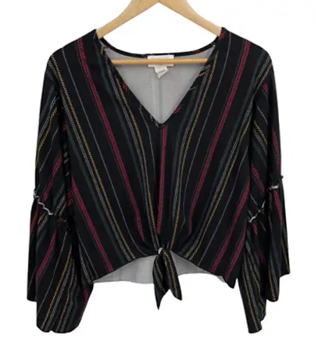 Lavender Field Lavender Field Boho Blouse Womens Medium Black Striped Knot Front Bell Sleeves