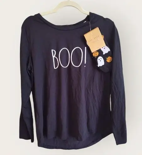 Rae Dunn  Black Boo Ghost Shirt With Socks Set Size L Long Sleeve Halloween Fall