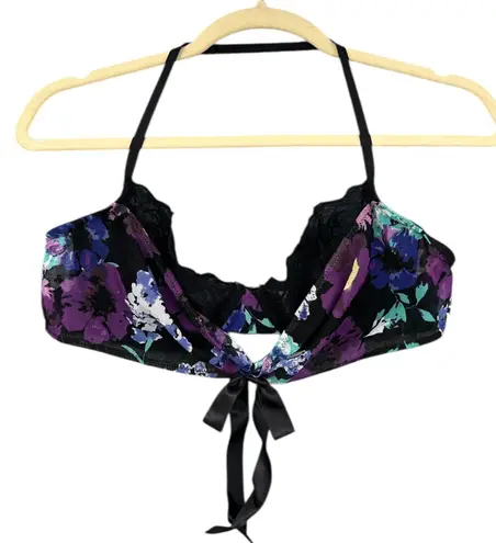 Frederick's of Hollywood Floral Print Tie Front Lace Accent Halter Bra XL