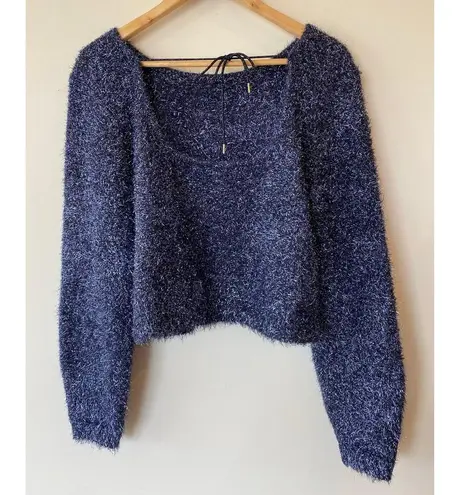 By Anthropologie Eyelash Pullover Sweater Tie Back Blue Women's Size Medium