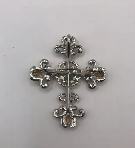 Vintage Crux Silver Tone Religious Cross Pin Brooch Pendant Multicolored Crystal
