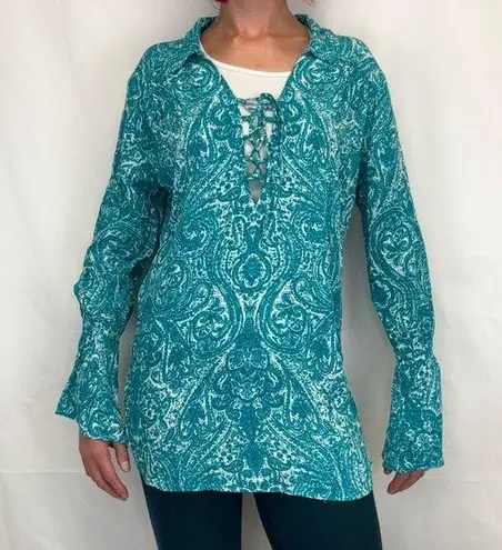 Lucy Love Women's Tunic Length Paisley Blouse Teal Turquoise White L LG Large