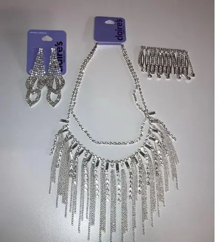 Claire's Beautiful Sparkly Crystal Formal Statement Necklace, Earrings & Hairpin Silver