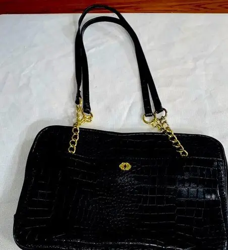 Kate Landry Elegant Black FAUX Crocodile-Embossed Handbag. GOLD CHAIN ACCENT