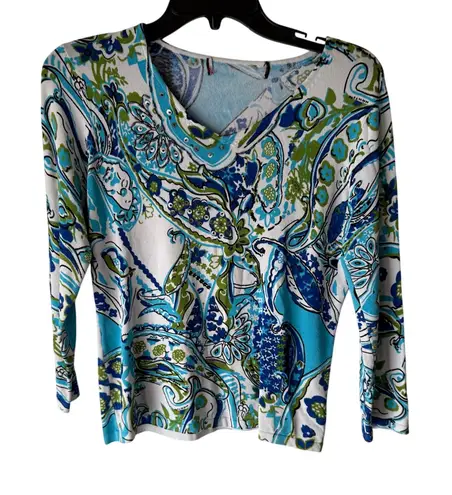 Women's Medium Y2k Retro Blue Green Floral Sequin Slinky Beaded Long Slv Blouse White