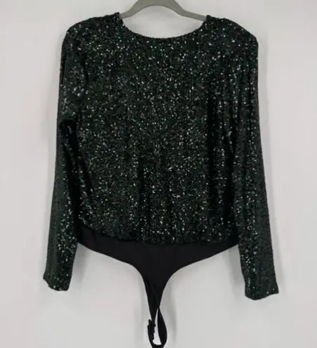 Rachel Zoe  Women's Sequin Long Sleeve Wrap Top Bodysuit Green Black Size Large