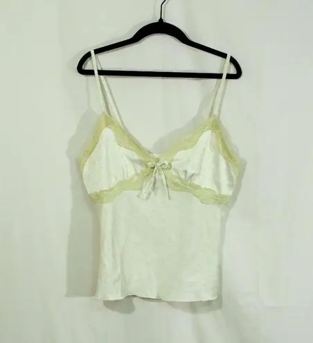 Vintage Satin Cami Top | White w/ Lace Trim | Stretch Fit small Yellow