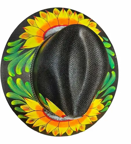 HAT MEXICAN Artisanal Hand Painted Fedora Sunflower Sombrero Panama Bohon Black