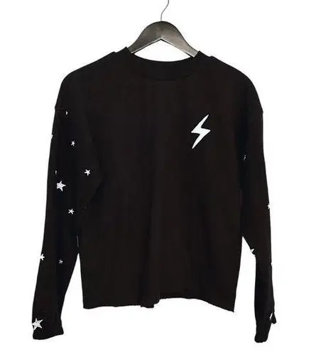 P.J. Salvage Lightning Bolt & Star Black Sweatshirt Distressed Hem Design Small - Image 1