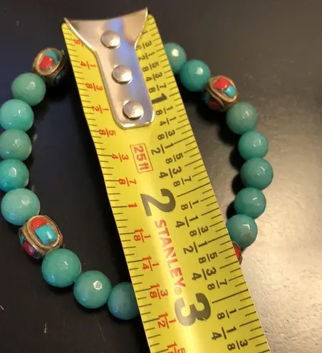 Faceted Jade Bead Bracelet w Bronze Accent Beads w Coral & Turquoise Inlay