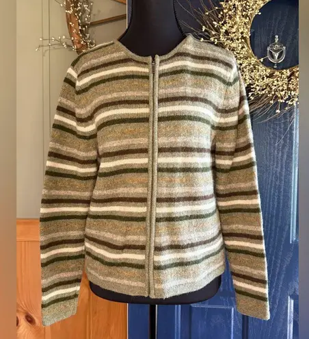 Cambridge Dry Goods Earthy Colors Striped Sweater 100% Wool full zip size Small Green