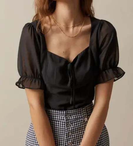 Black Sweetheart Neck Puff Sleeve Sheer Chiffon Tie S/S Blouse