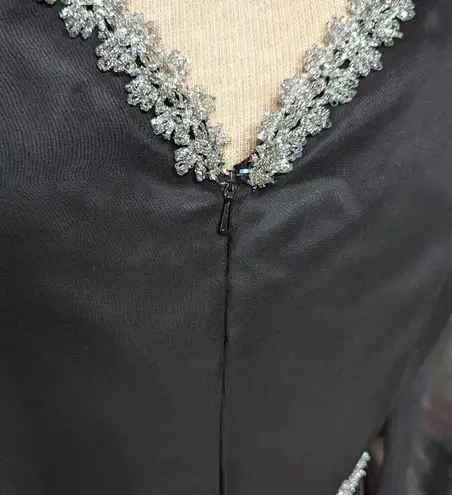 Vtg 1960s Black Layered Chiffon Silver Metallic Trim Empire Waist Maxi Dress 8