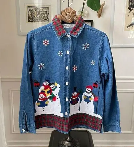 Dress Barn Vintage  Chambray Denim Snowman Applique Embroidered Shirt M